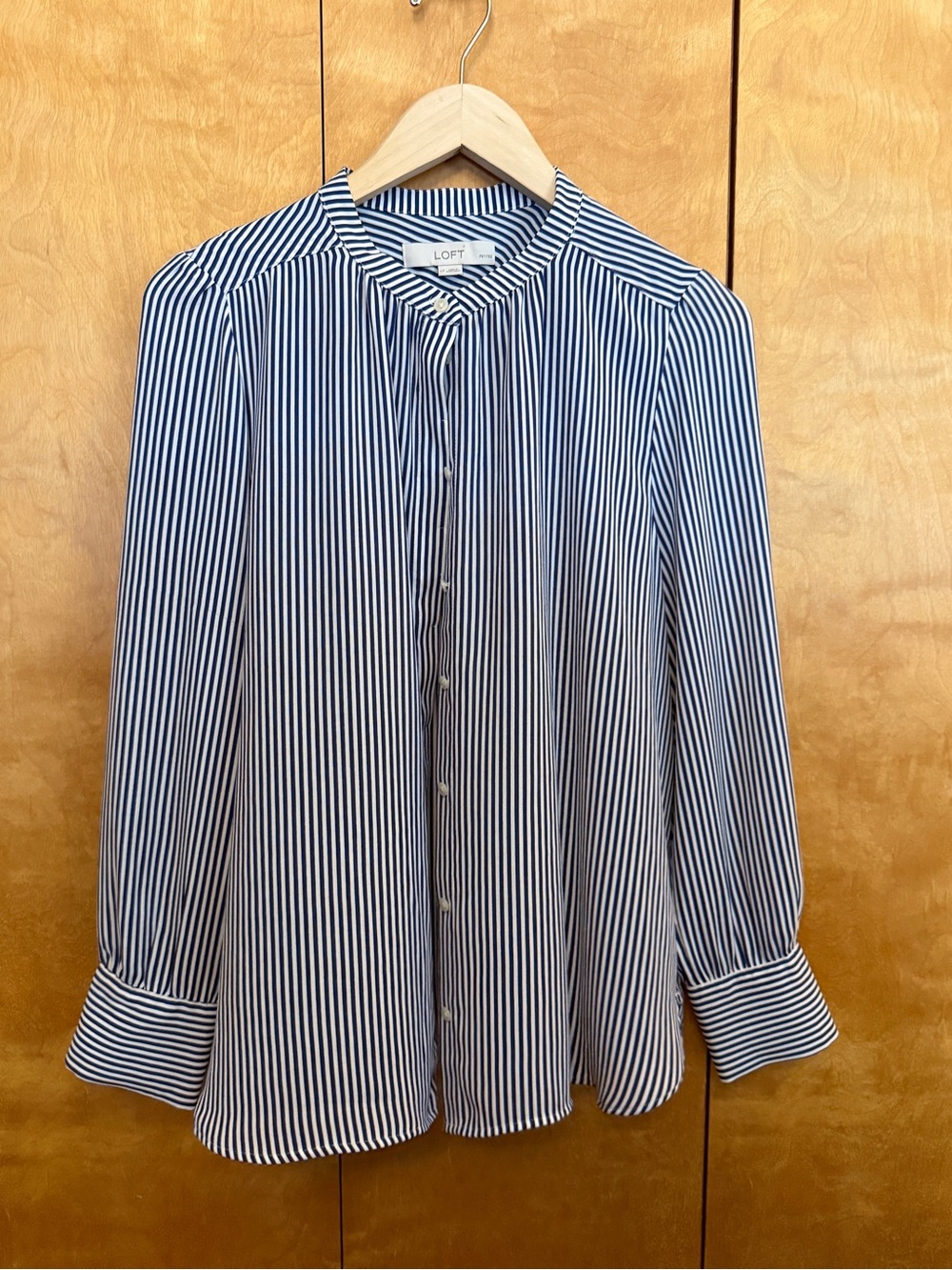 LOFT Navy and White Striped Button-Up Shirt size Large Petite